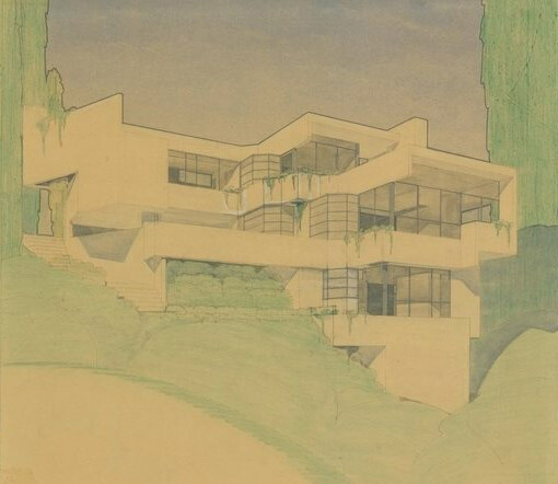 Rendering for the Milton and Ruth Shep House, Los Angeles, CA (1935), designed by Rudolph M. Schindler